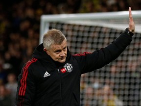 In this file photo taken on Nov. 20, 2021 Manchester United's manager Ole Gunnar Solskjaer reacts at the final whistle during the English Premier League football match between Watford and Manchester United. Manchester United ended Ole Gunnar Solskjaer's three-year reign as manager at Old Trafford on Nov. 21, 2021.
