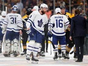 Jake Muzzin and the Maple Leafs skate dejectedly through the post-series handshakes after being eliminated from the first round of the playoffs in Game 7 by the Bruins on April 23, 2019, in Boston.