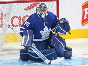 Petr Mrazek of the Toronto Maple Leafs warms up prior to playing against the Detroit Red Wings in a game at Scotiabank Arena on Oct. 30, 2021 in Toronto.