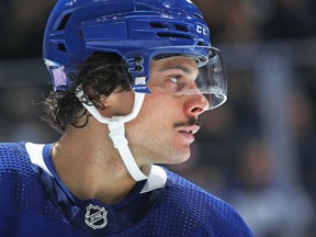 TORONTO, ON - NOVEMBER 2:  Auston Matthews #34 of the Toronto Maple Leafs waits for a faceoff against the Vegas Golden Knights at Scotiabank Arena on November 2, 2021 in Toronto, Ontario, Canada. The Maple Leafs defeated the Golden Knights 4-0.