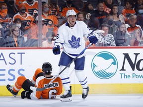 Ondrej Kase  of the Toronto Maple Leafs reacts to a call during the first period against the Philadelphia Flyers at Wells Fargo Center on November 10, 2021 in Philadelphia.