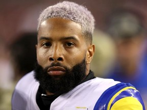 Odell Beckham Jr. of the Los Angeles Rams watches from the sidelines in the third quarter in the game against the Los Angeles Rams at Levi's Stadium on November 15, 2021 in Santa Clara, California.