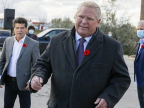 Ontario Premier Doug Ford is pictured in Milton on Nov. 2, 2021 where he announced the minimum wage would increase to $15 from $14.35.