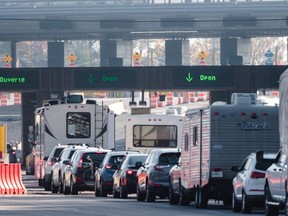 People waited up to six hours to cross the border into the United States at the Thousand Islands Border Crossing in Lansdowne, Ont., on Nov. 8, 2021.