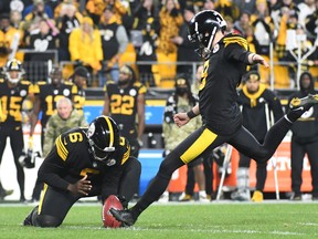 Pittsburgh Steelers kicker Chris Boswell (9) kicks the game-winning field goal in the fourth quarter against the Chicago Bears at Heinz Field Nov. 8, 2021.