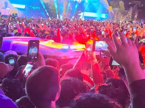 An ambulance is seen in the crowd during the Astroworld music festiwal in Houston, Texa, Nov. 5, 2021 in this still image obtained from a social media video on Nov. 6, 2021.
