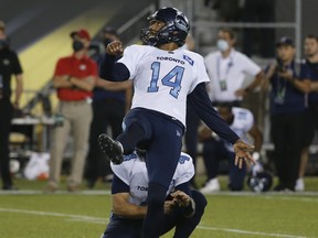 Argonauts’ Boris Bede nails his game-winning 51-yard field goal on the final play of their 24-23 victory over the Ticats on Oct. 11 in Hamilton.
