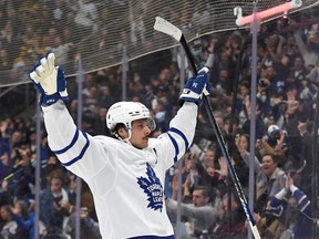 Toronto Maple Leafs forward Auston Matthews celebrates after scoring a goal against Boston Bruins in the second period at Scotiabank Arena in Toronto, Nov. 6, 2021.