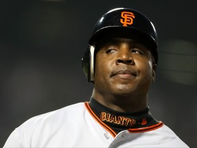 Barry Bonds of the San Francisco Giants reacts after he grounds out to first base in the fourth inning against the Los Angeles Dodgers at Dodger Stadium on Aug. 1, 2007 in Los Angeles, Calif.