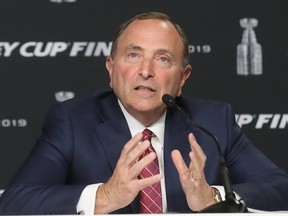 NHL Commissioner Gary Bettman speaks with the media prior to Game 1 of the 2019 NHL Stanley Cup Final at TD Garden on May 27, 2019 in Boston.