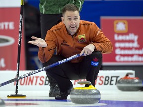 Skip Brad Gushue of St.John's reacts during Draw 10 against team Dunstone at the Canadian Olympic Trials in Saskatoon.