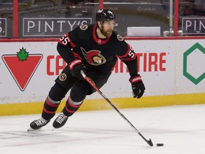 Ottawa Senators defenceman Braydon Coburn skates with the puck in the first period against the Toronto Maple Leafs at the Canadian Tire Centre in Ottawa, Jan. 16, 2021.