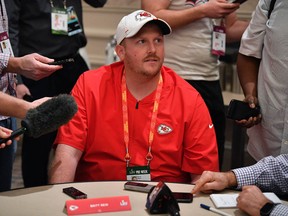 Britt Reid, linebackers coach for the Kansas City Chiefs, speaks to the media during the Kansas City Chiefs media availability prior to Super Bowl LIV at the JW Marriott Turnberry on January 29, 2020 in Aventura, Florida.
