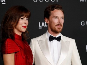 Actor Benedict Cumberbatch and his wife Sophie Hunter pose at the LACMA Art+Film Gala in Los Angeles, Saturday, Nov. 6, 2021.