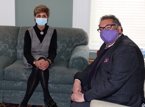 Newly-elected Calgary Mayor Jyoti Gondek and outgoing Mayor Naheed Nenshi pose for a photo on Tuesday, October 19, 2021.