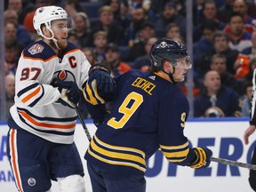 Jack Eichel (right) Connor McDavid battle each other during a game between the Buffalo Sabres and Edmonton Oilers in March of 2019. With Eichel’s trade to the Vegas Golden Knights last week, the top two picks in the 2015 NHL entry draft will be facing other several times a season playing in the Pacific Division, an enticing scenario, for sure.
