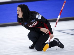 Canada skip Kerri Einarson directs her teammates against Sweden in a qualification game at the Women's World Curling Championship in Calgary, Alta., Saturday, May 8, 2021.