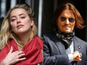 This combination of file pictures created on July 28, 2020 shows Amber Heard arriving on July 23, 2020, and Johnny Depp arriving on July 24, 2020, at the High Court in London.