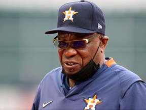Manager Dusty Baker Jr. of the Houston Astros looks on prior to Game 6 of the World Series against the Atlanta Braves at Minute Maid Park on Nov. 2, 2021 in Houston, Texas.