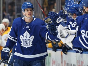 Maple Leafs forward David Kampf celebrates a goal against the Predators during a game at Scotiabank Arena in Toronto, Tuesday, Nov. 16, 2021.