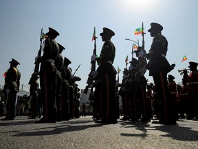 Members of the Ethiopian National Defense Force are seen during a pro-government rally at Meskel Square in Addis Ababa, Ethiopia, November 7, 2021.