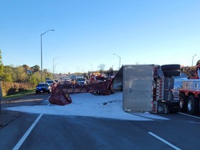 An image from the OPP of salt spilled on Hwy. 9 at Weston Road after a transport rollover on Monday, Nov. 1, 2021.