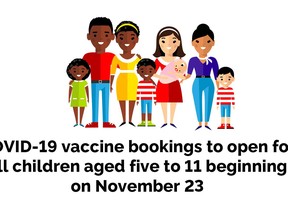 Following Health Canada’s approval of the paediatric Pfizer #COVID19 vaccine, children aged five to 11 will be eligible to book their appointment to receive the vaccine beginning Tuesday, November 23, 2021 at 8:00 a.m.
