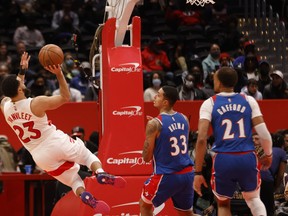 Raptors' Fred VanVleet shoots the ball after being fouled by Washington Wizards' Kyle Kuzma during the third quarter at Capital One Arena on Wednesday, Nov. 2, 2021.