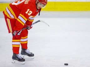 Calgary Flames Johnny Gaudreau during warm-up before a game against the Edmonton Oilers in NHL hockey in Calgary.