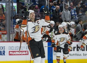 Ducks captain Ryan Getzlaf celebrates Troy Terr’s OT goal against the Vancouver Canucks earlier in November. The Ducks were riding an eight-game winning streak heading into Thursday’s clash with the Carolina Hurricanes, and Getzlaf has been a big contributor. The veteran centre has already racked up 17 assists this season. USA TODAY SPORTS
