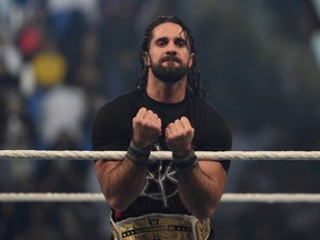 Seth Rollins makes his way to the rign during the WWE World Cup Quarterfinal match as part of as part of the World Wrestling Entertainment (WWE) Crown Jewel pay-per-view at the King Saud University Stadium in Riyadh on Nov. 2, 2018.