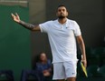 Nick Kyrgios of Australia celebrates match point during his men's singles second round match against Gianluca Mager of Italy during Day Four of The Championships - Wimbledon 2021 at All England Lawn Tennis and Croquet Club on July 01, 2021 in London, England.