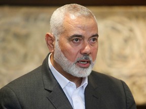 Palestinian group Hamas' top leader, Ismail Haniyeh, talks after meeting with Lebanese Parliament Speaker Nabih Berri in Beirut, Lebanon June 28, 2021.