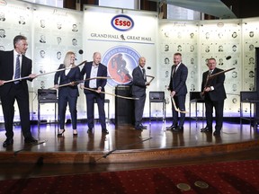 This year's six Hockey Hall of Fame inductees received their rings at a ceremony at the Hockey Hall Grand Hall and in Toronto (From left) Players Doug Wilson, Kim St-Pierre, Kevin Lowe, Jarome Iginla, Marian Hossa and Ken Holland for the Builders Category on Friday November 12, 2021