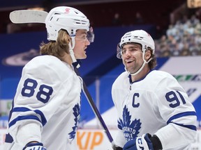 Maple Leafs’ John Tavares (right) and William Nylander will back on the same line tonight against Nashivlle.