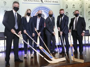 Hockey Hall of Fame 2020 inductees (Pictured, L-R) Players Doug Wilson, Kim St-Pierre - Team Canada, Kevin Lowe, Jarome Iginla, Marian Hossa and Ken Holland for the Builders Category on Friday November 12, 2021. Jack Boland/Toronto Sun/Postmedia Network