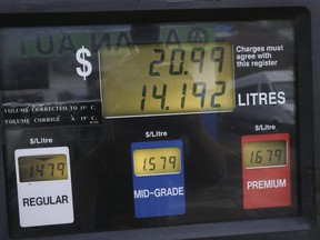 Gas prices at an independent station in Toronto on October 21, 2021.