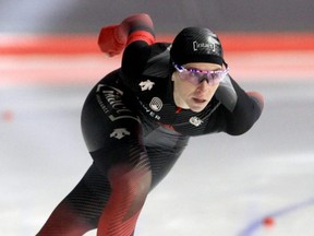 Ivanie Blondin skates in the Women's 1500m during the fourth day of the Canadian Long Track Championship at the Olympic Oval in Calgary, Oct. 16, 2021.