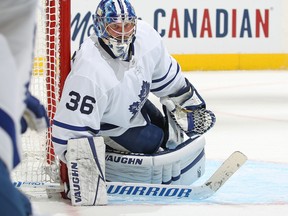 Maple Leafs' Jack Campbell guards the corner against the Boston Bruins at Scotiabank Arena on Nov. 6, 2021 in Toronto.