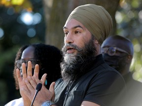 New Democratic Party leader Jagmeet Singh speaks during an election campaign visit in Toronto September 16, 2021.