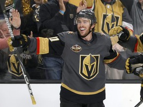 Jonathan Marchessault of the Vegas Golden Knights celebrates after scoring a second-period goal against the Minnesota Wild during their game at T-Mobile Arena on Nov. 11, 2021 in Las Vegas, Nevada.