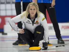 Jennifer Jones watches her shot against Team McCarville at the Tim Hortons curling trials in Saskatoon yesterday.  
Michael Burns photo