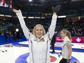 Saskatoon SK,November 28, 2021.Tim Hortons Curling Trials.Skip Jennifer Jones celebrates after guiding her team to a 6-5 extra end win over team Fleury to capture the woman's curling trials.Curling Canada/ Michael Burns Photo