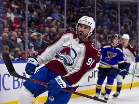 Oct 28, 2021; St. Louis, Missouri, USA;  Colorado Avalanche center Nazem Kadri (91) reacts after scoring a goal against the St. Louis Blues during the second period at Enterprise Center. Mandatory Credit: Jeff Curry-USA TODAY Sports