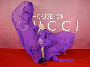 Lady Gaga poses on the red carpet on arrival to attend the U.K. premiere of the film 'House of Gucci', in London on November 9, 2021.