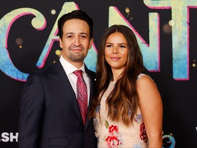Actor and composer Lin-Manuel Miranda and wife Vanessa Nadal attend the premiere of "Encanto" at El Capitan Theatre in Los Angeles, Calif., on Nov. 3, 2021.