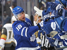 Maple Leafs' Mitch Marner celebrates a goal against the Vegas Golden Knights at Scotiabank Arena on Tuesday, Nov. 2, 2021 in Toronto.