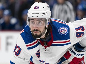 Mika Zibanejad of the New York Rangers is seen during NHL action against the Vancouver Canucks on November 2, 2021 at Rogers Arena in Vancouver.