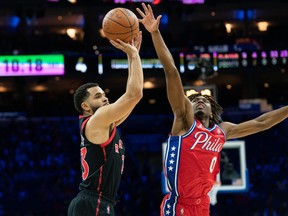 Raptors' Fred VanVleet shoots past Philadelphia 76ers' Tyrese Maxey during the first quarter at Wells Fargo Center on Thursday, Nov. 11, 2021.