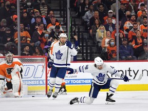 Maple Leafs' William Nylander celebrates a goal against the Philadelphia Flyers during the third period at Wells Fargo Center on Wednesday, Nov. 10, 2021.
